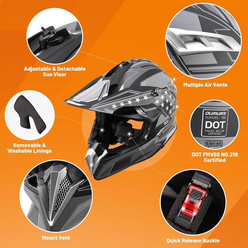 OUMURS DOT Adult Dirt Bike Helmet with Goggles Gloves & Mask Adjustable Sun Visor Motorcycle Adult ATV Helmet Off-Road Motocross Downhill Moped MX BMX for Unisex Adult-188-Black Star, L - Image 2
