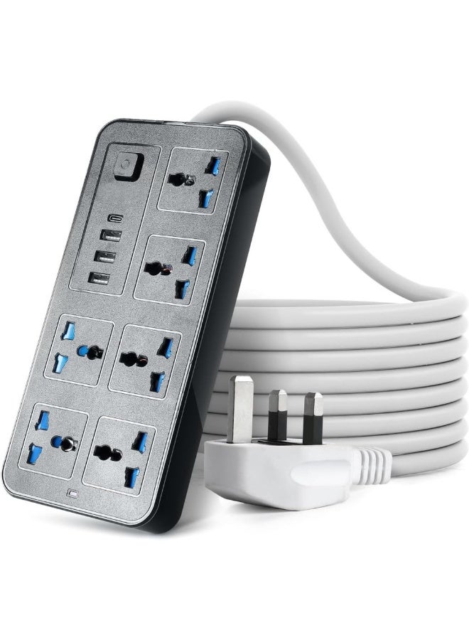 Extension Lead Universal Electric Extension Cord With 3 Pin Outlets Extensions Cord With 6 Gang |3 USB Ports|1 Type-C Port 1.88 Meters Extension Power Cables For Home Kitch