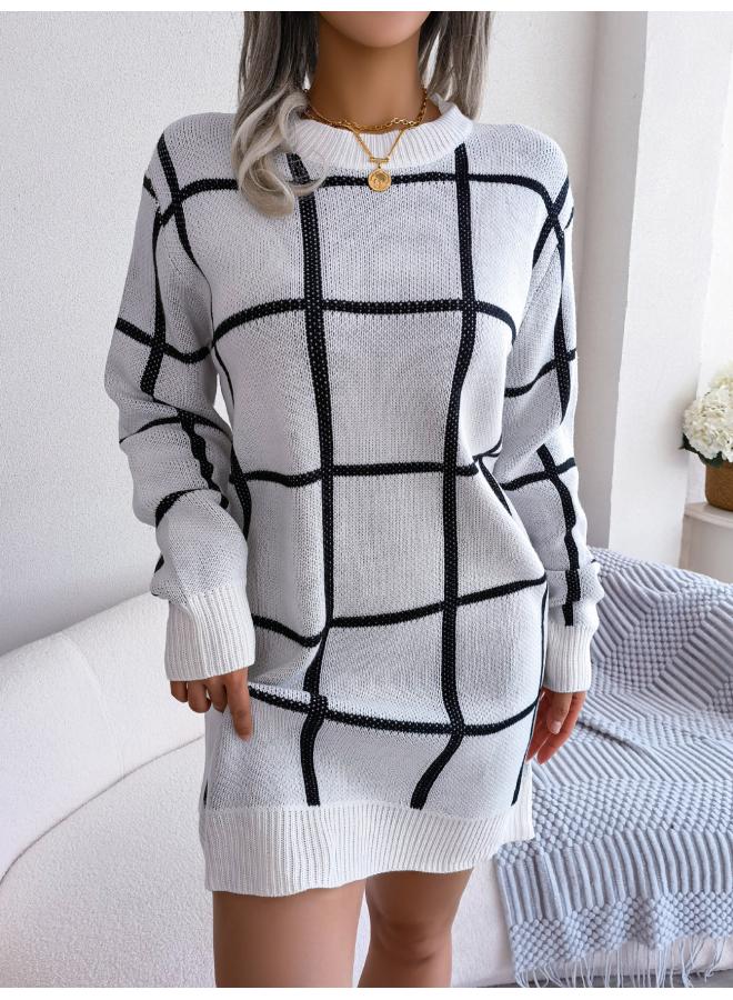 Real Shot Autumn And Winter Europe And The United States Leisure Contrast Plaid Long Sleeve Bottoming Sweater Dress Women's Clothing