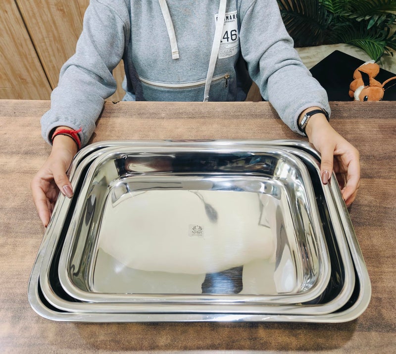 Nyra® Stainless Steel Oval Serving Tray Set of 3 - Multipurpose Trays for Serving Rasgullas, Sweets, Snacks, and Beverages - Ideal for Home, Kitchen, and Parties (Medium) - Image 2