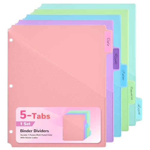 SUIN 5-Tab Binder Dividers with Pockets - Heavy Duty Plastic Dividers for 3 Ring Binder, Letter Size Poly Page Separators with Tabs & Label Stickers, Diamond Texture, 5 Pastel Colors, 1-Pack - Image 1