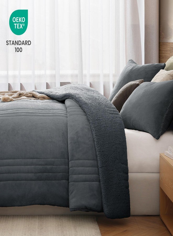 Monbix Fluffy Full Comforter Set Blue Grey, Sherpa Plush Fuzzy Comforter 3 Piece for Full Size Bed, Luxury Soft Winter Warm Bedding Set - Image 5