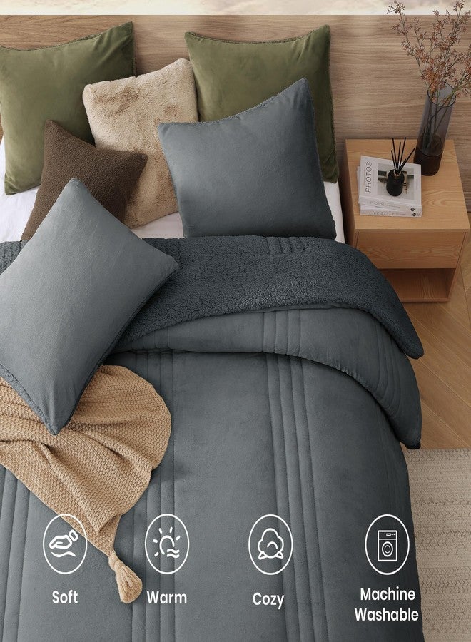 Monbix Fluffy Full Comforter Set Blue Grey, Sherpa Plush Fuzzy Comforter 3 Piece for Full Size Bed, Luxury Soft Winter Warm Bedding Set - Image 4