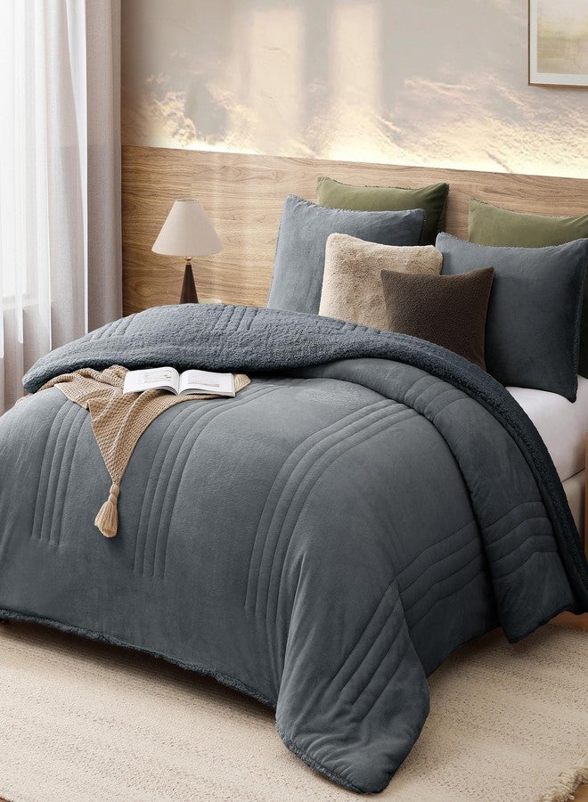 Monbix Fluffy Full Comforter Set Blue Grey, Sherpa Plush Fuzzy Comforter 3 Piece for Full Size Bed, Luxury Soft Winter Warm Bedding Set - Image 2