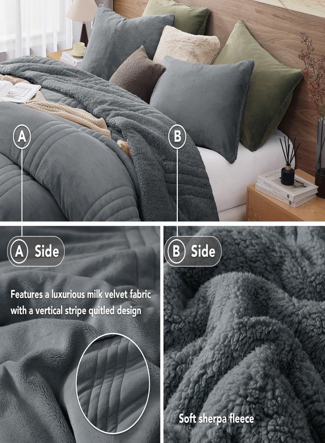 Monbix Fluffy Full Comforter Set Blue Grey, Sherpa Plush Fuzzy Comforter 3 Piece for Full Size Bed, Luxury Soft Winter Warm Bedding Set - Image 3