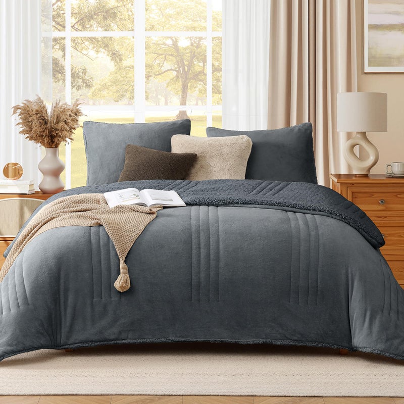 Monbix Fluffy Full Comforter Set Blue Grey, Sherpa Plush Fuzzy Comforter 3 Piece for Full Size Bed, Luxury Soft Winter Warm Bedding Set - Image 1
