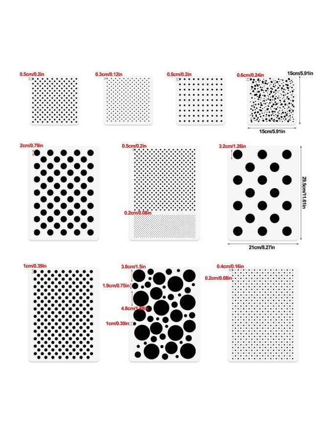 Dots Stencils, 10 Pcs Mixed Media Assorted Size Polka Dot Stencils Repeating Reusable Cluttered Circle Stencils For Painting On Wood Furniture Pillow Wall Scrapbook Card Making Diy Craft (A4 & 6"X6")