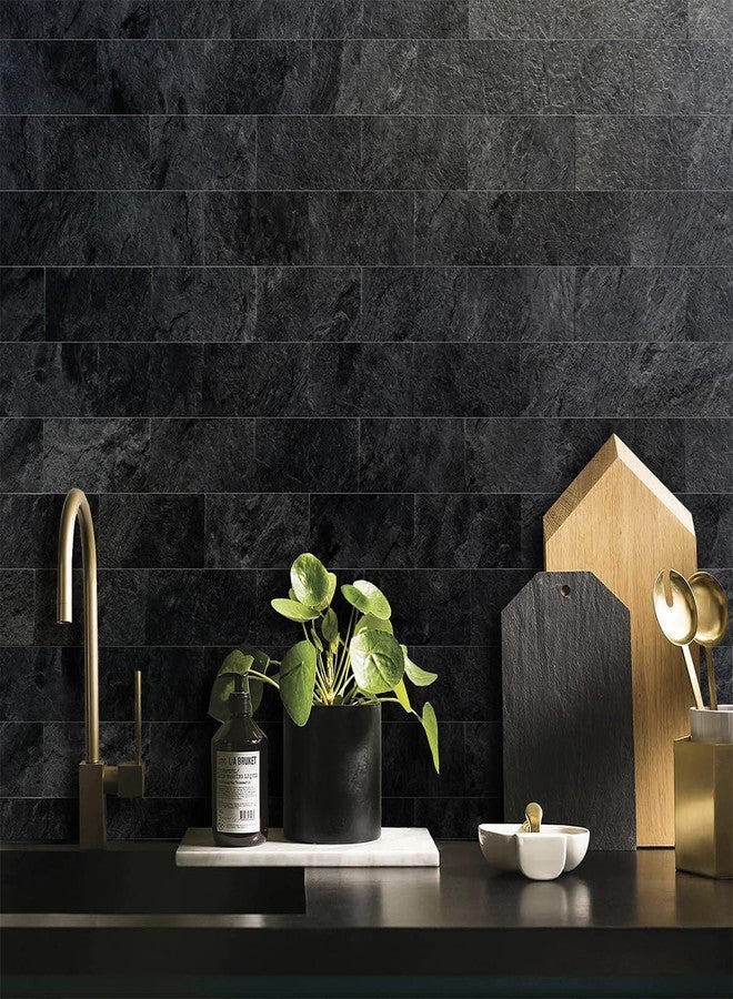 AULIGET 100 Piece Black Slate Peel and Stick Backsplash Wall Tiles, 3" x 6" PVC Faux Stone Stick on Tiles for Backsplash Kitchen, Bathroom, Laundry Room, Camper, Fireplace - Image 4
