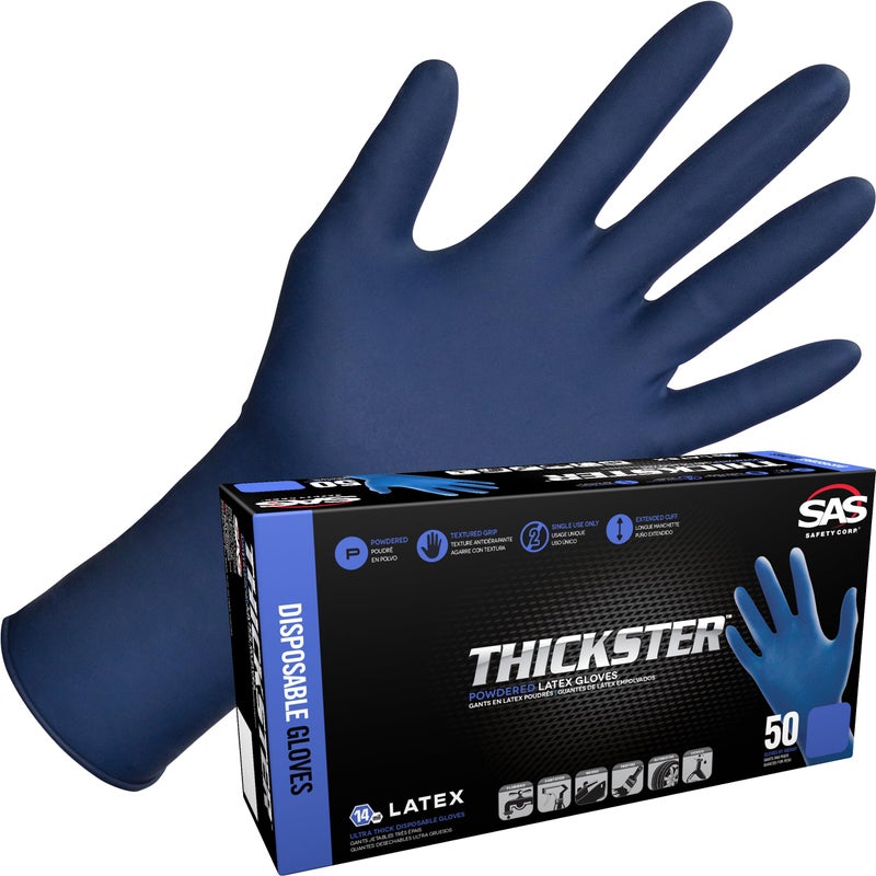 SAS Thickster Powdered Latex Disposable Gloves Size XLarge Blue Color 14 mil Thickness 12 Length Fully Textured for Superior Grip Single Use Pack of 50 6604