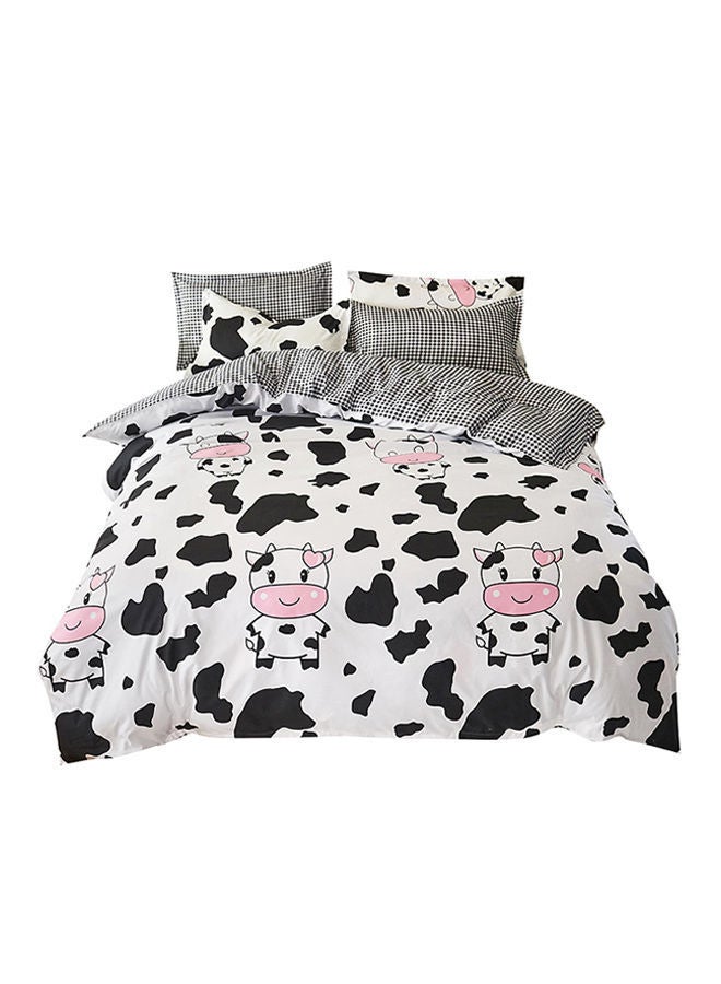 NIBEMINENT 4-Piece Happy Cow Design Bedding Set Polyester White/Black/Pink Duvet Cover 150x200 Cm, Bed Sheet 160x220 Pillow 48x75cm - Image 1