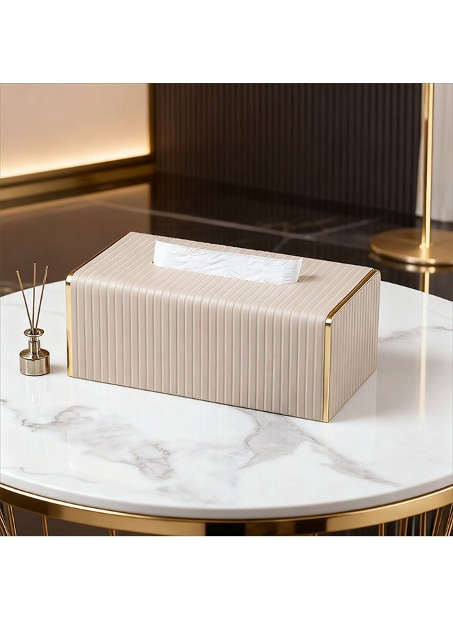 Luxury Gold Trim Tissue Box Cover, PU Leather Decorative Desktop Tissue Holder, Vertical Stripe Waterproof Dustproof Napkin Container for Bathroom, Bedroom, Living Room, Office and Car - Image 1
