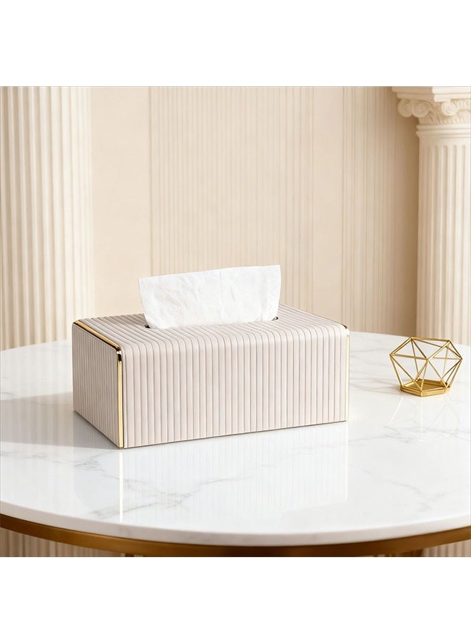 Luxury Gold Trim Tissue Box Cover, PU Leather Decorative Desktop Tissue Holder, Vertical Stripe Waterproof Dustproof Napkin Container for Bathroom, Bedroom, Living Room, Office and Car - Image 2