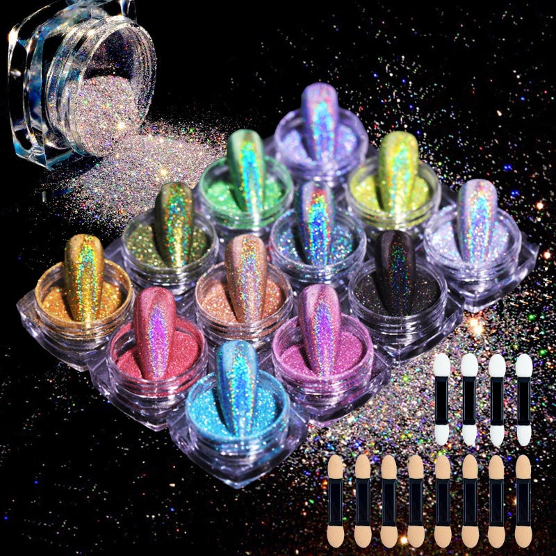 MKNZOME 12 Jars Holographic Nail Powder, Chrome Nail Powder Kit Black Blue Ultra Fine Glitter Powder Set, Rainbow Neon Pigment Manicure Glitter Dust with 12 Pcs Dual Sides Sponge Applicators - Image 1