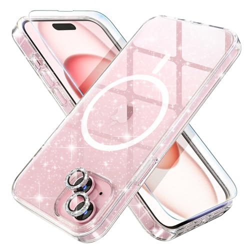 Choiche Compatible for iPhone 15 Plus Case Magnetic, Women Clear Glitter Sparkly Case, [2xDiamond Camera Lens Protectors] [2xTempered Glass Screen Protectors] [Compatible MagSafe] (Glitter Clear) - Image 1