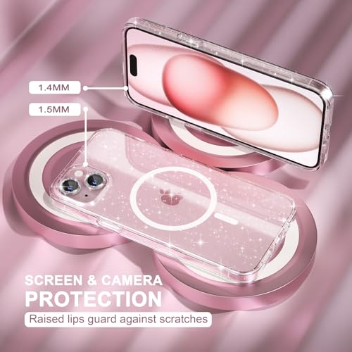 Choiche Compatible for iPhone 15 Plus Case Magnetic, Women Clear Glitter Sparkly Case, [2xDiamond Camera Lens Protectors] [2xTempered Glass Screen Protectors] [Compatible MagSafe] (Glitter Clear) - Image 4