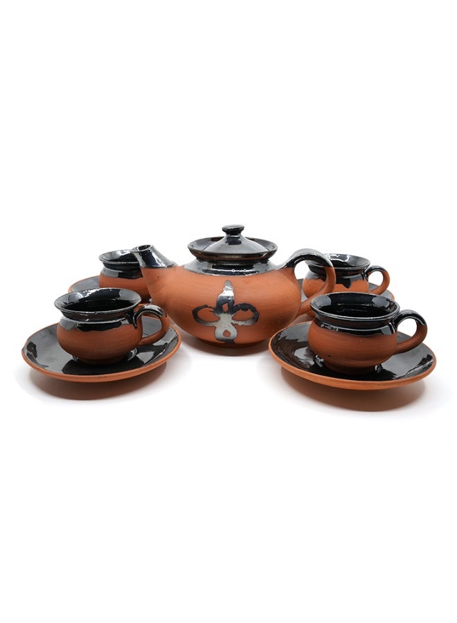 ارك طقم شاي فخاري نصف مطلي من ARK Dirtique (عدد 9 قطع) | طقم شاي طيني مصنوع يدويًا للشاي والشاي العشبي | طقم يجمع بين الطابع الريفي والمظهر العصري الخزفي | يحتوي على أكواب، صحون وإبريق | صديق للبيئة ومتعدد الاستخدامات ومتين - Image 2