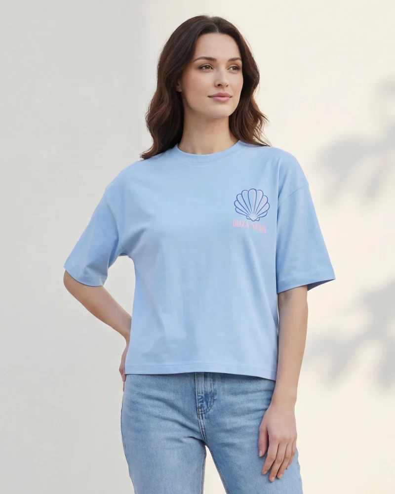 Redtag Women Blue Graphic Interlock T-Shirt