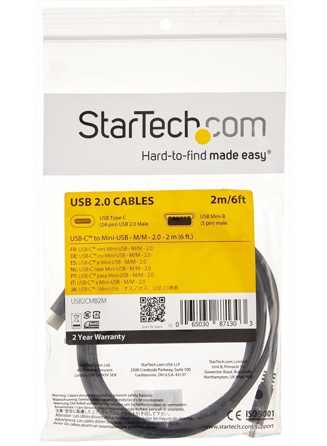 Startech.com USB C to Mini USB Cable - 6 ft / 2m - M/M - USB 2.0 - Mini USB Cord - USB C to Mini B Cable - USB Type C to Mini USB (USB2CMB2M) - Image 3
