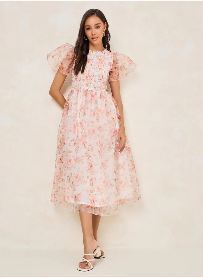 Styli Floral Print Ruched Puff Sleeve Midi Dress