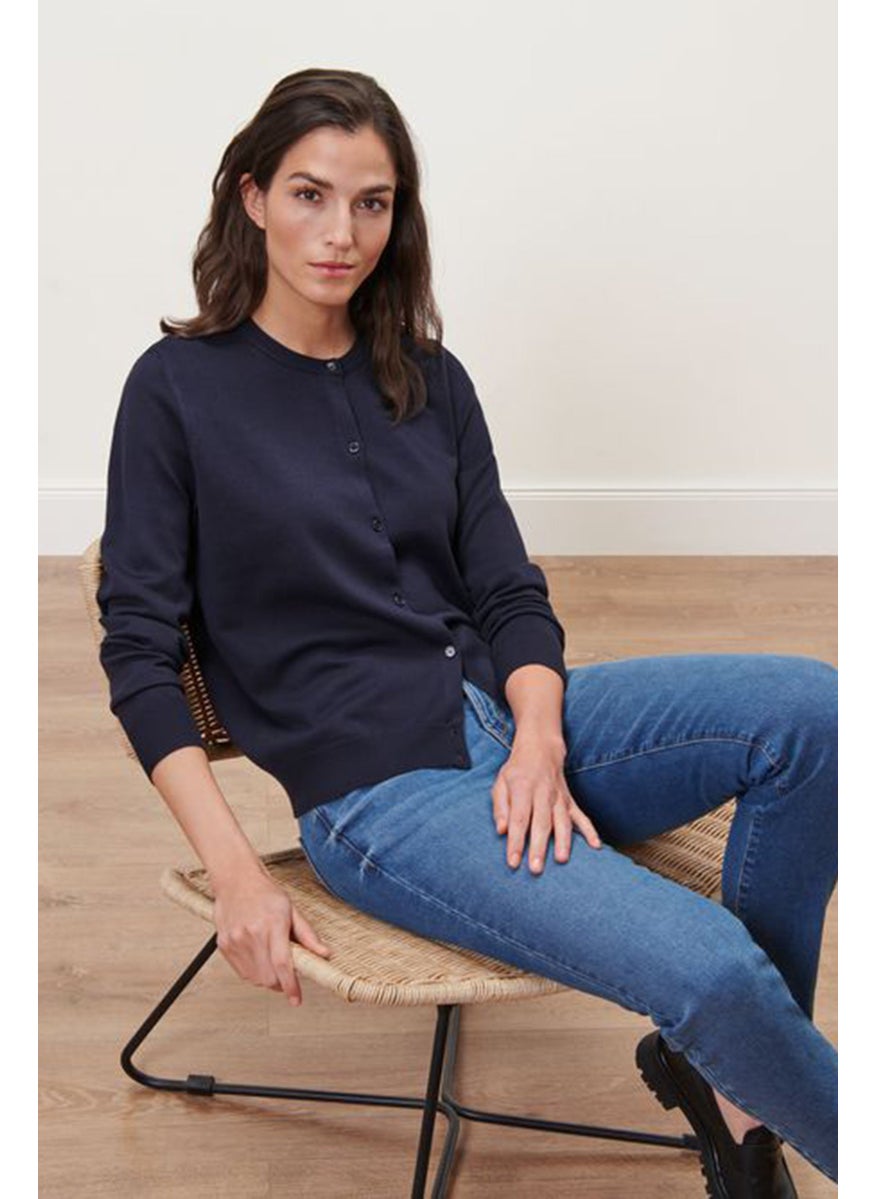 Tchibo - Women Round Neck Long Sleeve Solid Cardigan, Navy - Image 1