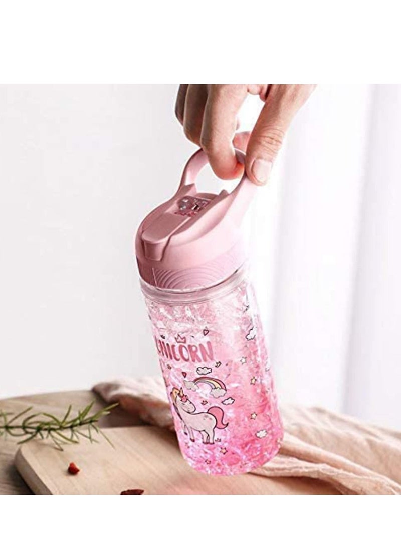 NIBEMINENT Water Bottles, Cute Girls for School, Unicorn Bottle with Straw and Safety lock, 400ML/13.5oz Kids, Pink - Image 1