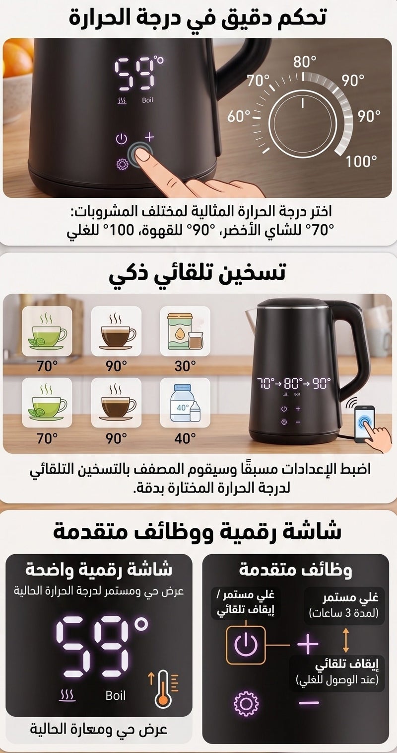 ثلاث ارباع غلاية كهربائية ذكية ستيل رقمية بخاصية الحفاظ على الحرارة والتحكم بمستويات الحرارة سعة 1.6 لتر ، 1500 واط - Image 5