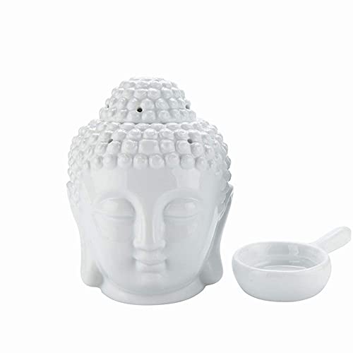 Honkenda Ceramic Buddha Head Essential Oil Burner with Candle Spoon for Yoga Spa Bedroom Home Decoration, Aromatherapy Wax Melt Burners Oil Diffuser Tealight Candle Holder (White) - Image 1