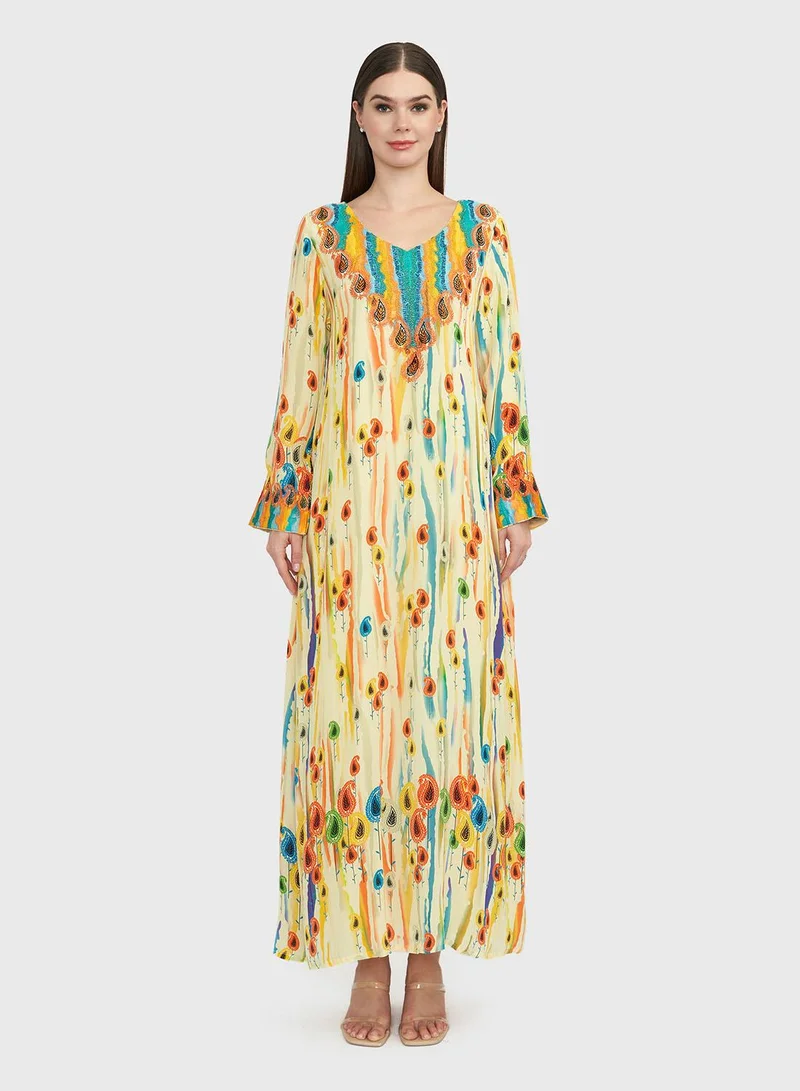 كشخة جلابية بطبعة ألوان مائية تجريدية وبيزلي