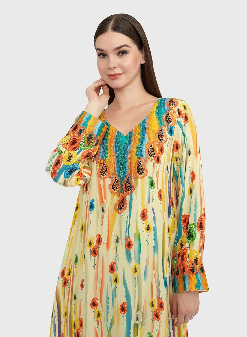 كشخة جلابية بطبعة ألوان مائية تجريدية وبيزلي