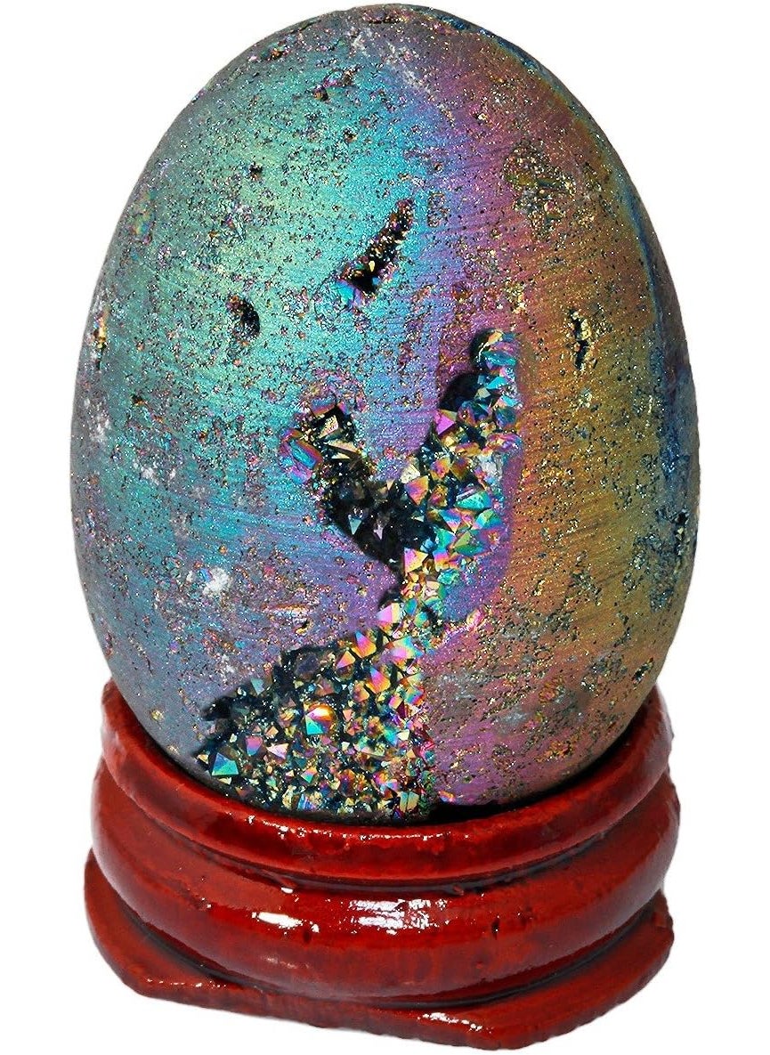 mookaitedecor mookaitedecor Druzy Agate Geode Specimen, Rainbow Titanium Coated Quartz Crystal Egg Figurines with Wood Stand 