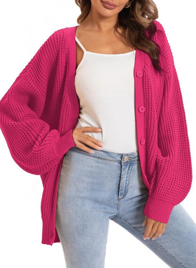 QUALFORT Cardigan Sweaters for Women 100% Cotton Button-Down Long Sleeve Oversized Knit Outerwear, Hot Pink, M - Image 1