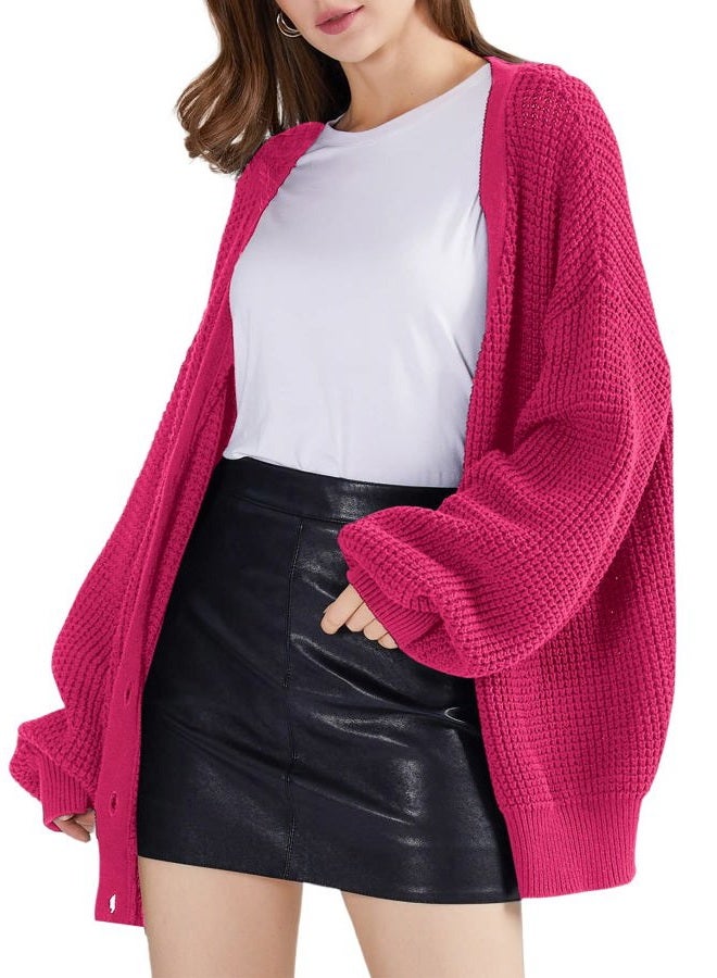 QUALFORT Cardigan Sweaters for Women 100% Cotton Button-Down Long Sleeve Oversized Knit Outerwear, Hot Pink, M - Image 5
