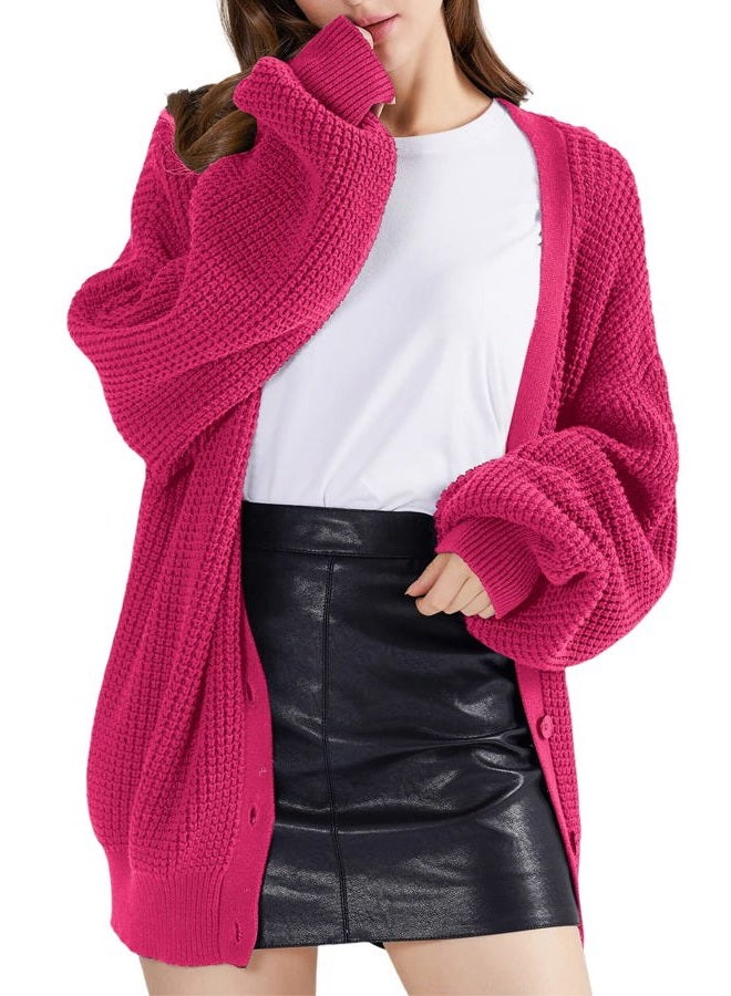 QUALFORT Cardigan Sweaters for Women 100% Cotton Button-Down Long Sleeve Oversized Knit Outerwear, Hot Pink, M - Image 4