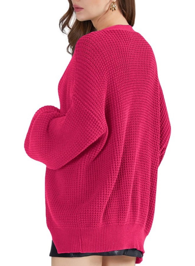 QUALFORT Cardigan Sweaters for Women 100% Cotton Button-Down Long Sleeve Oversized Knit Outerwear, Hot Pink, M - Image 2