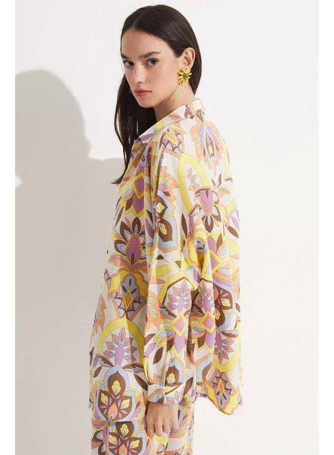 JUNE June Exclusive Floral Patterned Linen Blend Shirt Yellow