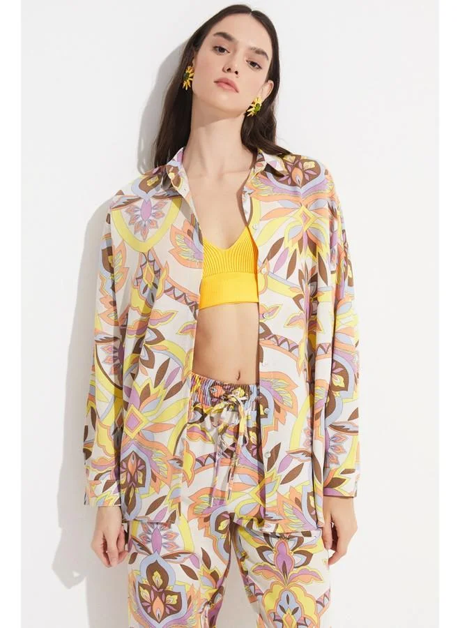 JUNE June Exclusive Floral Patterned Linen Blend Shirt Yellow