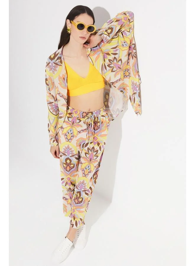 JUNE June Exclusive Floral Patterned Linen Blend Shirt Yellow
