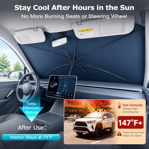 DooGooCoo 2026 Upgraded DooGooCoo Windshield Sun Shade Umbrella for Car Reinforced Frame UV Block Heat Shield Keeps Interior Cooler Foldable Front Windshield Cover Medium 57 x 32 - Image 3