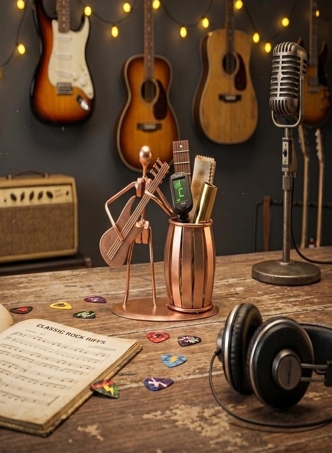 MyGift Pen Holder for Desk, Decorative Pencil Cup with Guitar Design, Accessories & Decor for Men, Gunmetal Gray Metal Desk - Image 4