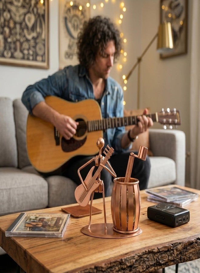 MyGift Pen Holder for Desk, Decorative Pencil Cup with Guitar Design, Accessories & Decor for Men, Gunmetal Gray Metal Desk - Image 5