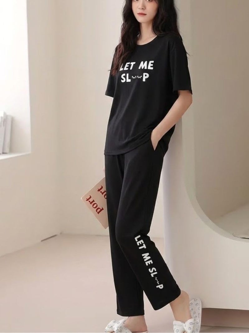 SMOWKLY Women's Premium Cotton Blend Cute Print Two Piece Pj Sleepwear Co-ord Set || Stylish Top with Pajama Pant Comfy Loungwear (1676_BK_L) Black - Image 5