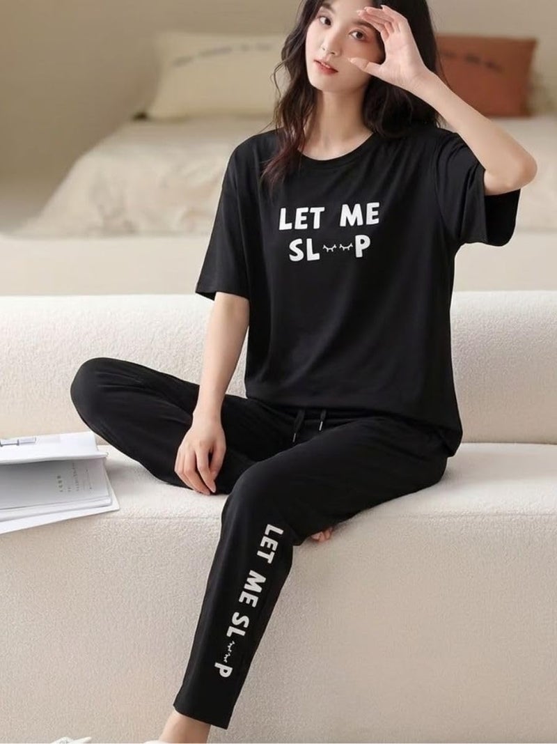 SMOWKLY Women's Premium Cotton Blend Cute Print Two Piece Pj Sleepwear Co-ord Set || Stylish Top with Pajama Pant Comfy Loungwear (1676_BK_L) Black - Image 2
