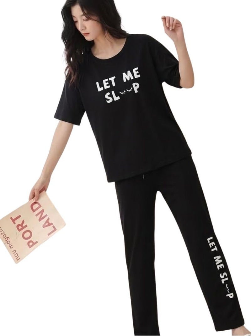 SMOWKLY Women's Premium Cotton Blend Cute Print Two Piece Pj Sleepwear Co-ord Set || Stylish Top with Pajama Pant Comfy Loungwear (1676_BK_L) Black - Image 1