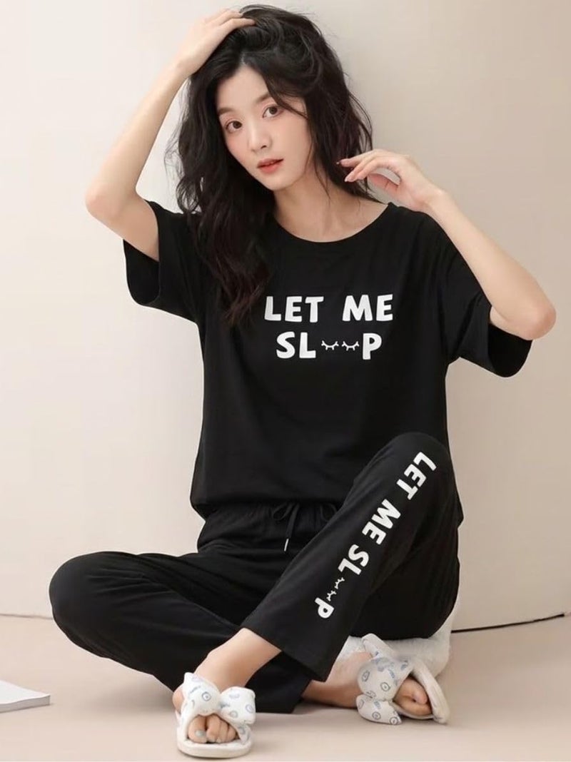 SMOWKLY Women's Premium Cotton Blend Cute Print Two Piece Pj Sleepwear Co-ord Set || Stylish Top with Pajama Pant Comfy Loungwear (1676_BK_L) Black - Image 4
