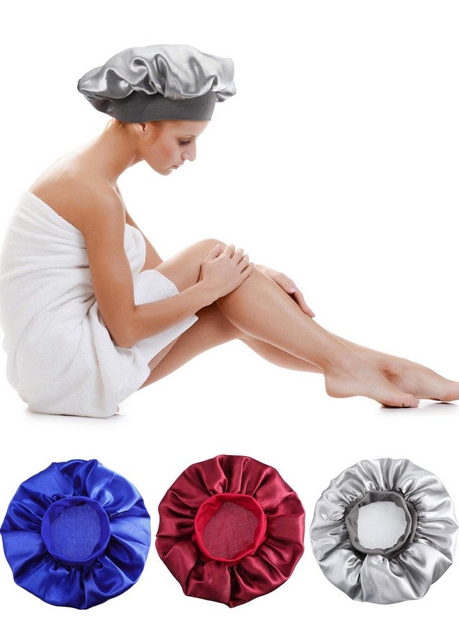 Blulu 3 Pieces Sleep Cap Satin Bonnet Night Head Cover Sleeping Soft Hair Turbans For Women And Girls (Silver Wine Red Royal Blue) - Image 2