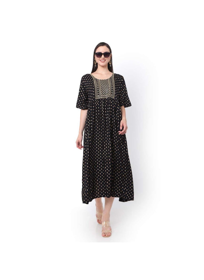 HANA & SARA - SHORT BLACK DRESS WITH GOLD PRINT AND EMBROIDRED ARABIC JALABIYA DRESS - Image 1