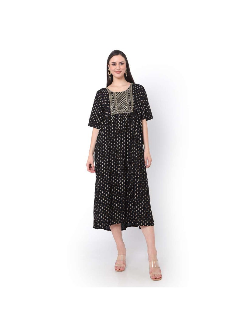 HANA & SARA - SHORT BLACK DRESS WITH GOLD PRINT AND EMBROIDRED ARABIC JALABIYA DRESS - Image 1