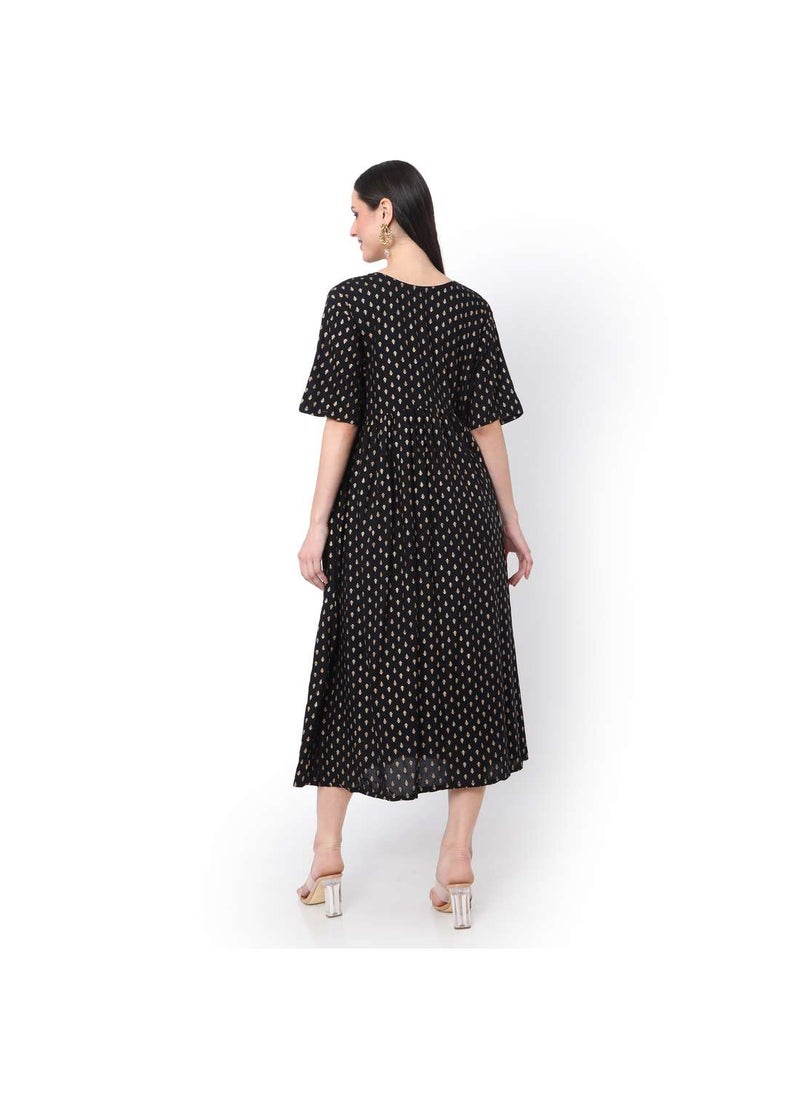 HANA & SARA - SHORT BLACK DRESS WITH GOLD PRINT AND EMBROIDRED ARABIC JALABIYA DRESS - Image 1
