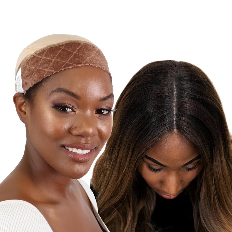 Milano Collection GripCap for Women 2 in 1 Wig Cap with Grip Band Plus Wig Cap for Lace Frontals Fully Adjustable Comfortable and Breathable Fabric for Secure Fit Nude 2 Pack