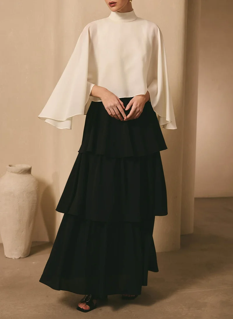 Lichi Maxi dress with contrasting cape and tiered skirt